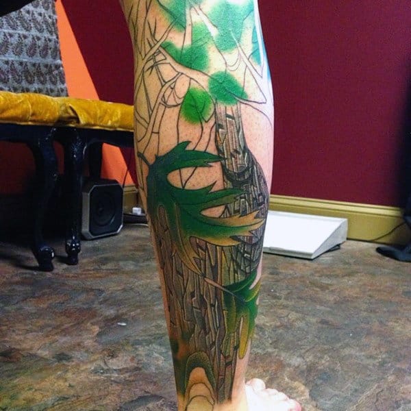 Lovely Green Leaved Oak Tree Leaf Tattoo On Calves For Guys