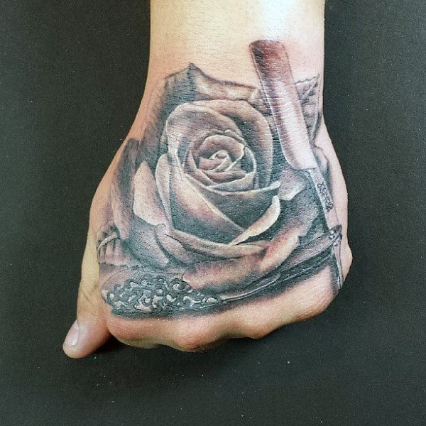 Lovely Grey Rose And Straight Razor Tattoo Male Hands