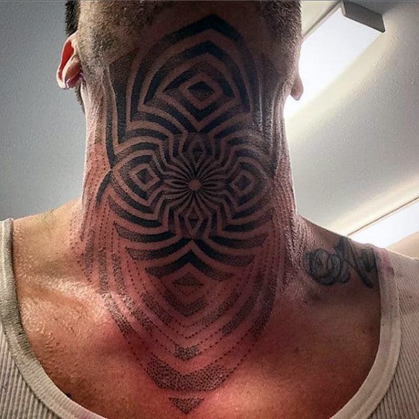 Throat tattoo featuring an intricate geometric illusion with bold black patterns, symmetrical shapes, and mesmerizing depth