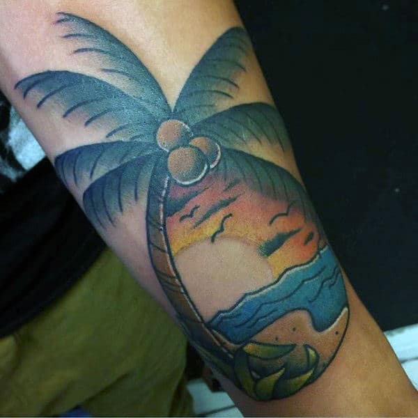 Lovely Palm Tree On Seashore Tattoo For Guys On Arms