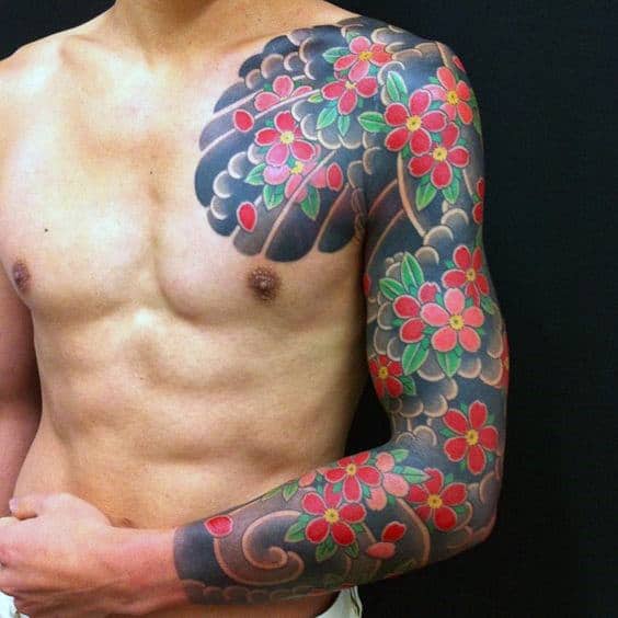 Lovely Red Flowers Japanese Sleeve Tattoo For Men
