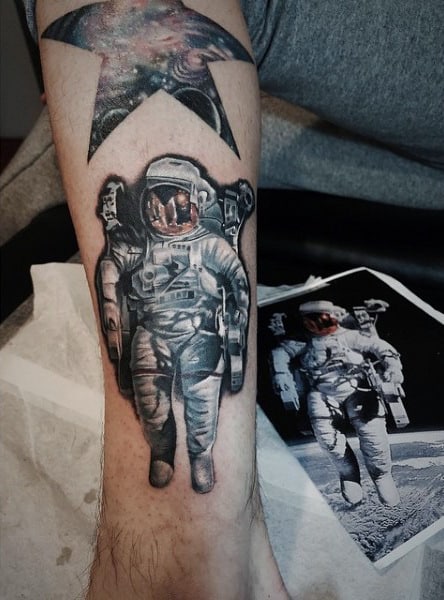 Lovely Star And Astronaut Tattoo Mens Calves