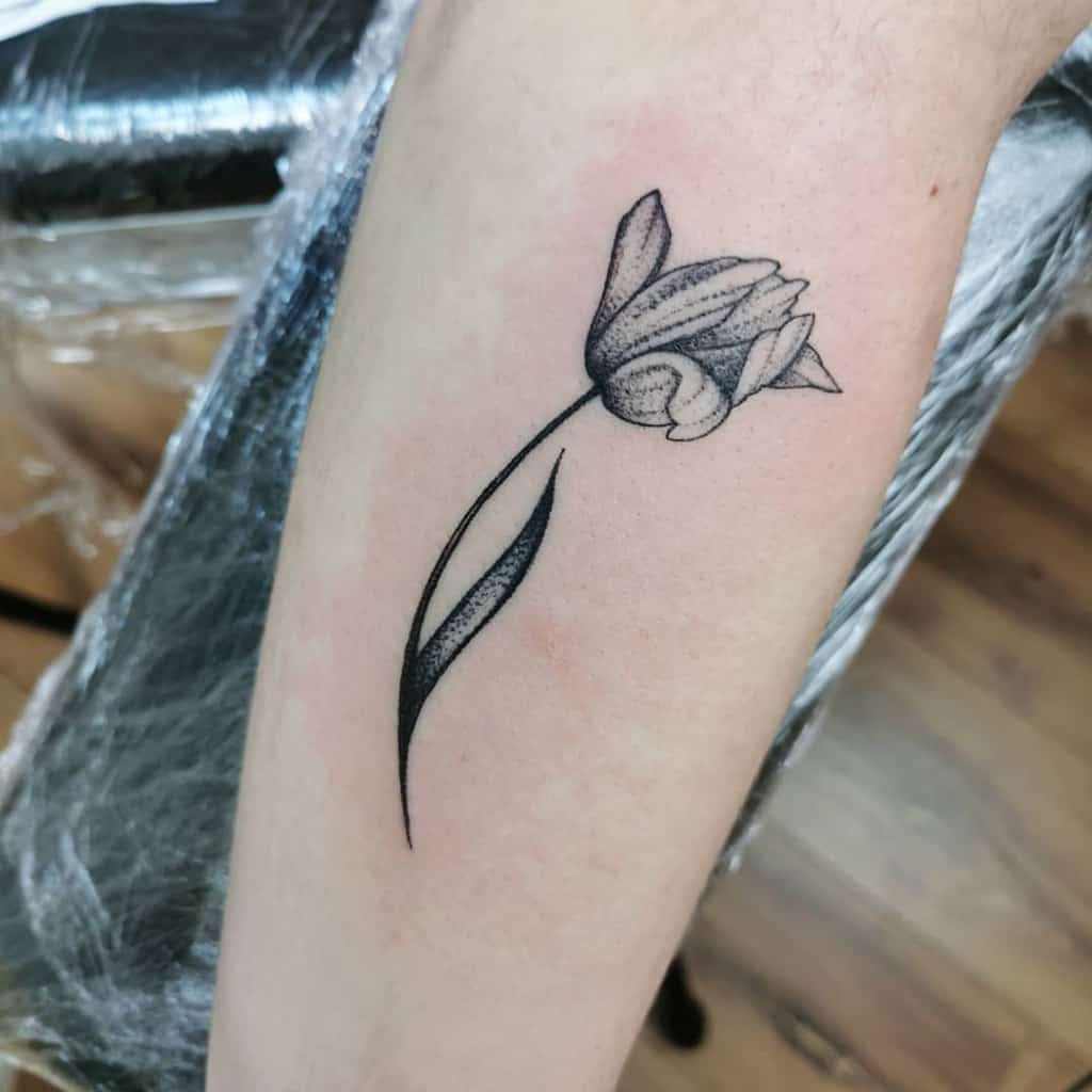 A black and grey tulip tattoo on the forearm, showcasing a detailed flower with soft shading and a flowing stem.