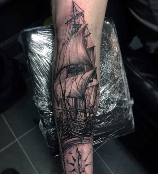 Lower Arm Sleeve Guys Nautical Ship And Compass Tattoos