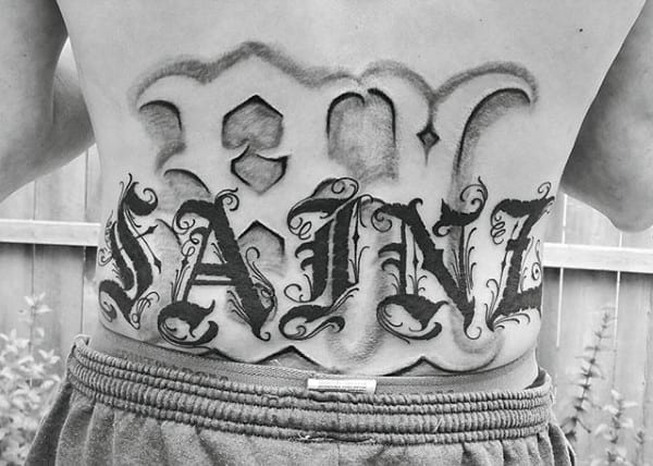 Lower Back Male Old English Text Tattoos