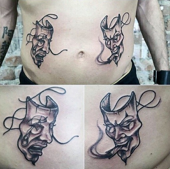 Lower Chest Stomach Drama Mask Tattoos For Gentlemen