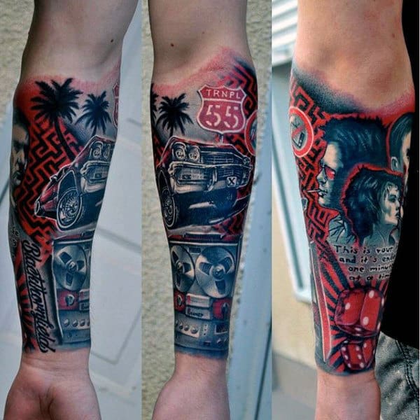 Forearm tattoo with a car, faces, dice, and palm trees in red and black