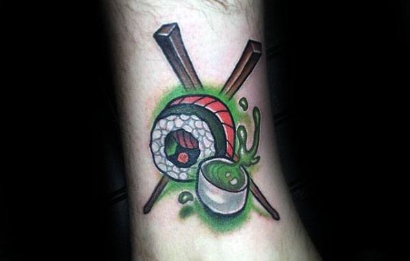 Lower Leg 3d Sushi Tattoo Design On Man