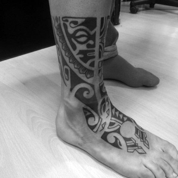 Lower Leg And Foot Male Hawaiian Tribal Tattoo Designs