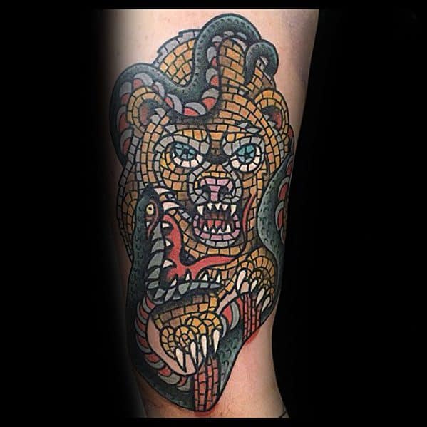 Lower Leg Bear With Snake Mosaic Male Tattoo Ideas