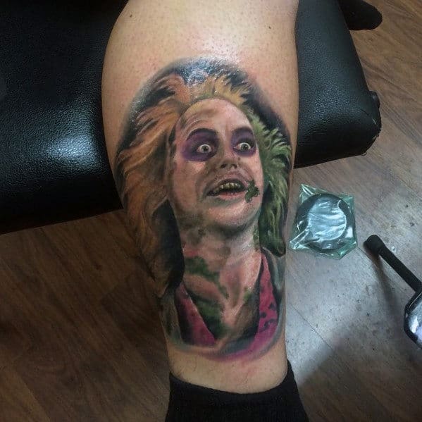 Lower Leg Beetlejuice Portrait Tattoo Ideas For Guys