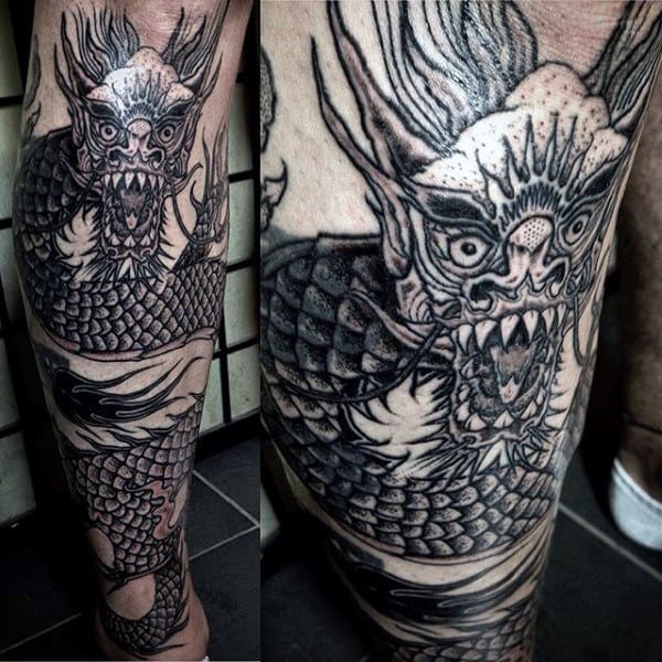 Lower Leg Black Ink Chinese Dragon Tattoo On Gentleman