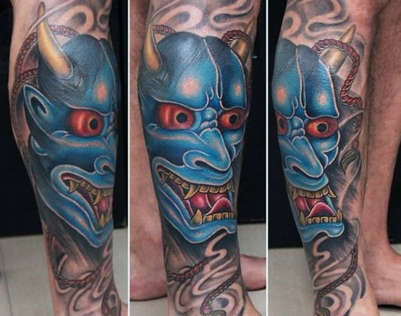 Lower Leg Blue Ink Hannya Mask Male Tattoos