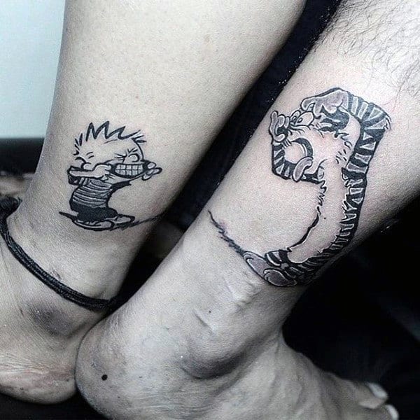 Lower Leg Calvin And Hobbes Comic Tattoo Designs For Men