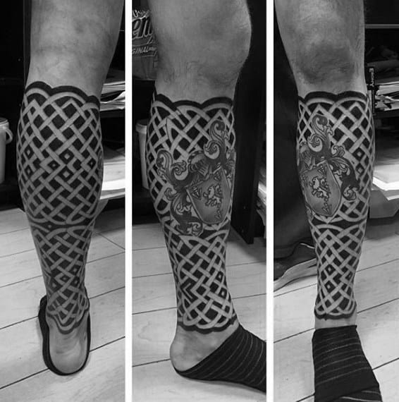Lower Leg Celtic Knot Negative Space Mens Tattoo Ideas