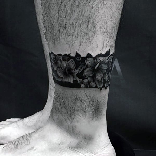 Lower Leg Floral Black Band Flower Mens Tattoo