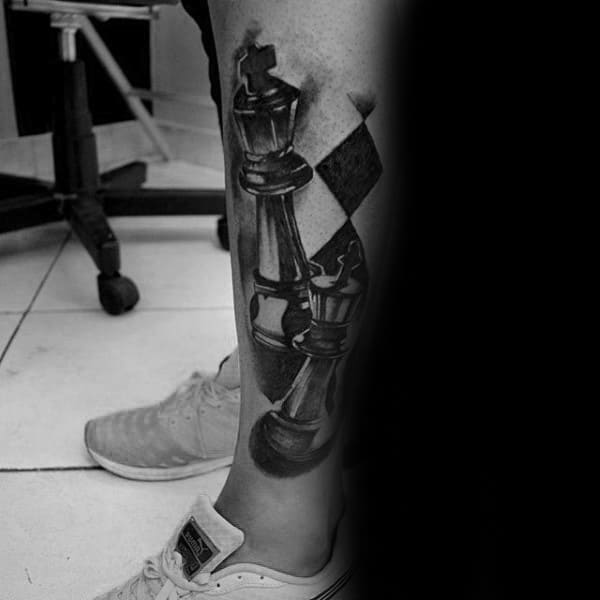 Lower Leg Guys Tattoo Of King Chess Piece Design