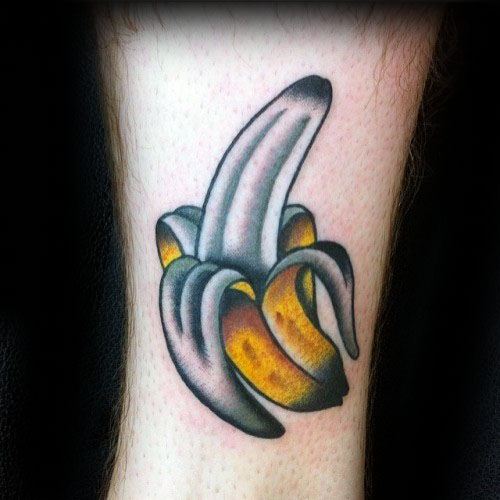 Lower Leg Guys Tattoos With Peeled Banana Design