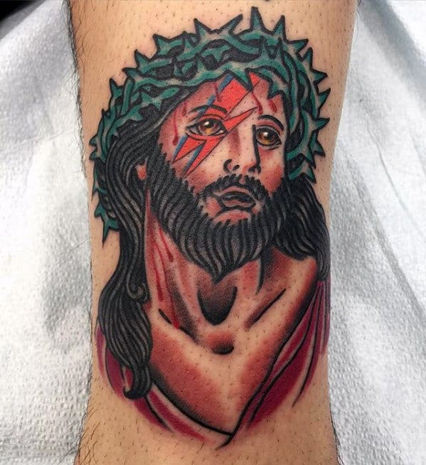 Lower Leg Guys Traditional Jesus Religious Tattoo Designs