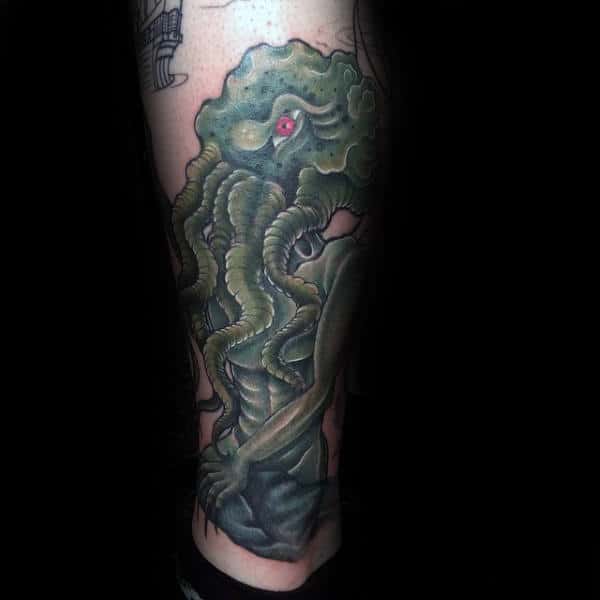 Lower Leg Male Cthulhu Green Ink Tattoos