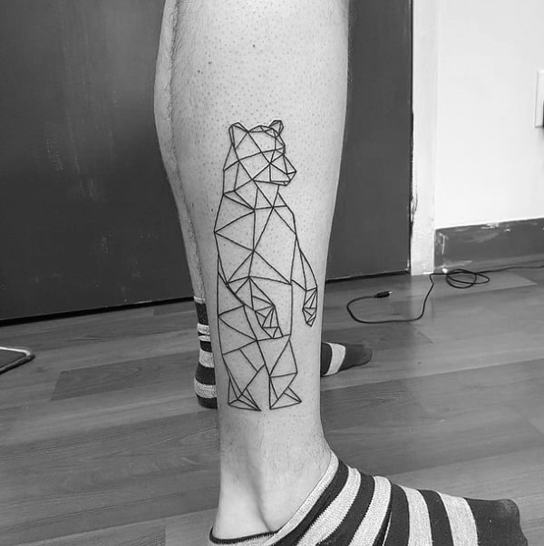 Lower Leg Male Geometric Bear Black Ink Outline Tattoo Ideas