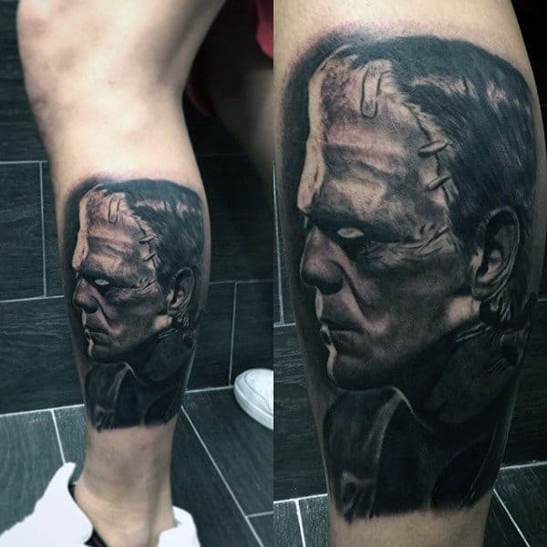 Lower Leg Male Shaded Frankenstein Tattoos