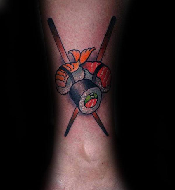 Lower Leg Mens Tattoo With Sushi Design