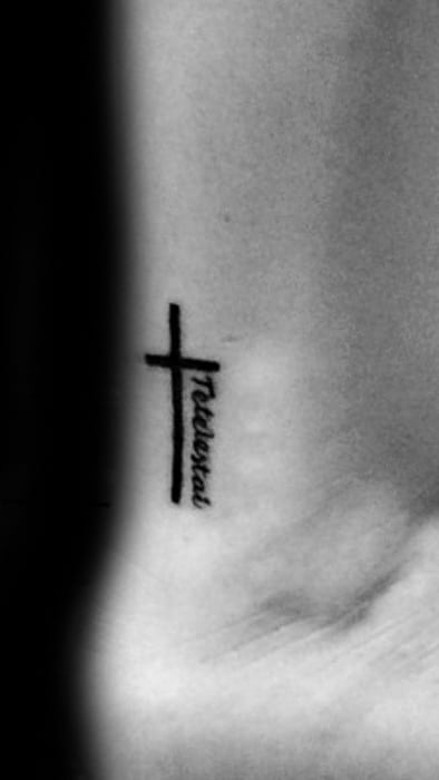 Lower Leg Mens Tiny Tetelestai Black Ink Tattoos