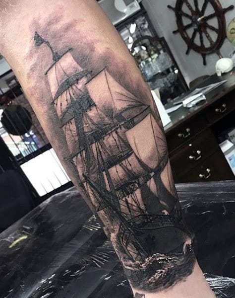Lower Leg Realistic Guys Nautical Ship Tattoos