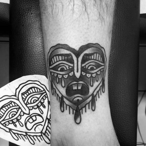 Lower Leg Shaded Artistic Male Crying Heart Tattoo Ideas