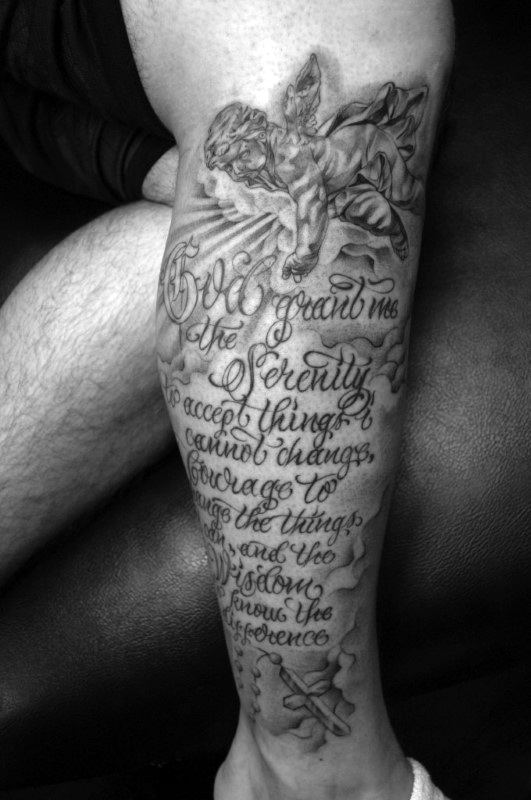 Lower Leg Sleeve Male Serenity Prayer With Angels Tattoo Design