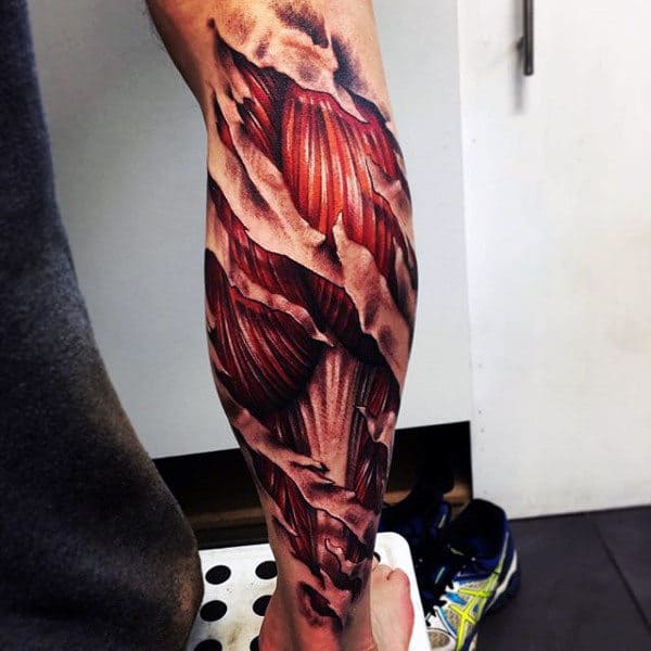 Lower Leg Sleeve Tattoo Of Exposed 3d Muscle On Male