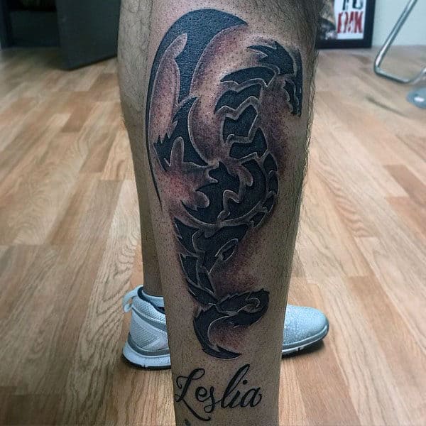 Lower Leg Tribal Japanese Male Dragon Tattoo