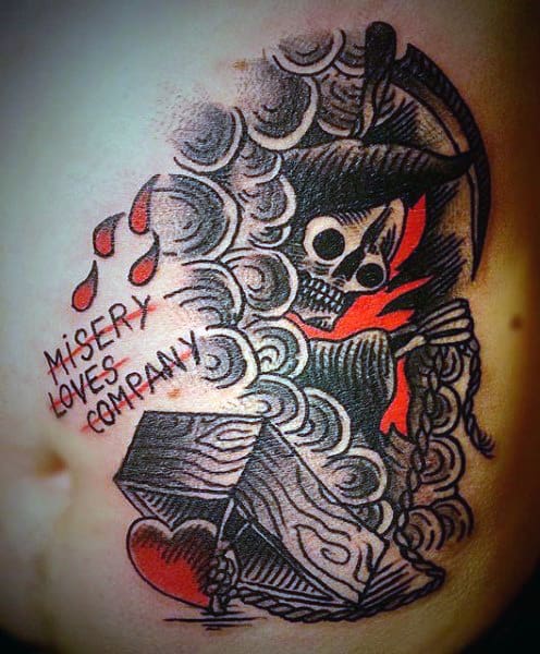 Lower Ribs Grim Reaper With Gun Tattoo For Men