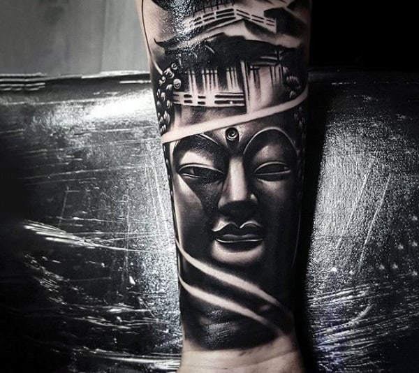 Lower Wrist Dark Metallic Buddha Tattoo For Men