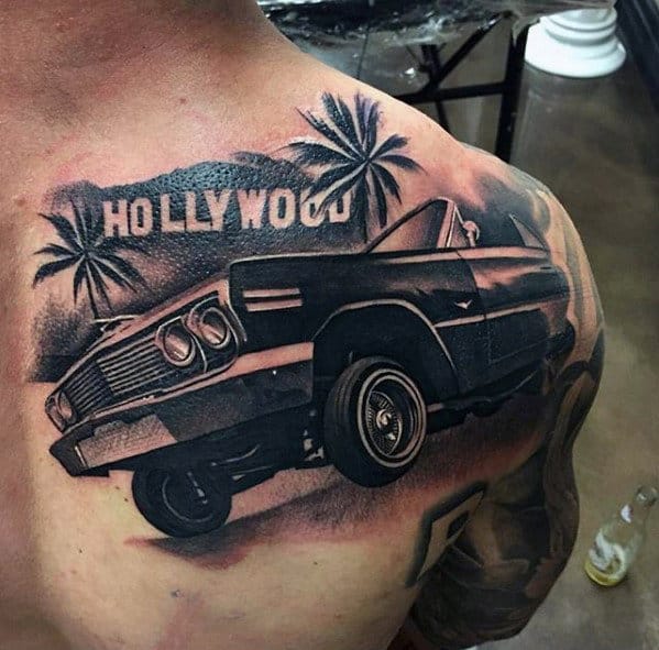 Lowrider With Hollywood Sign Mens Unbelievable Shoulder Tattoo