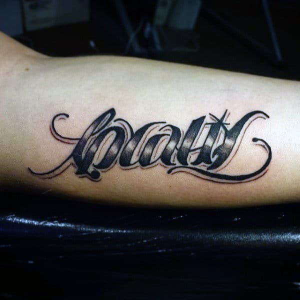 Loyalty Mens Bicep Ambigram Tattoo Design Ideas