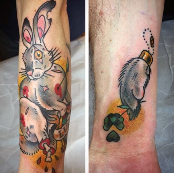 Lucky Four Leaf Clover Rabbit Foot Mens Inner Forearm Tattoo