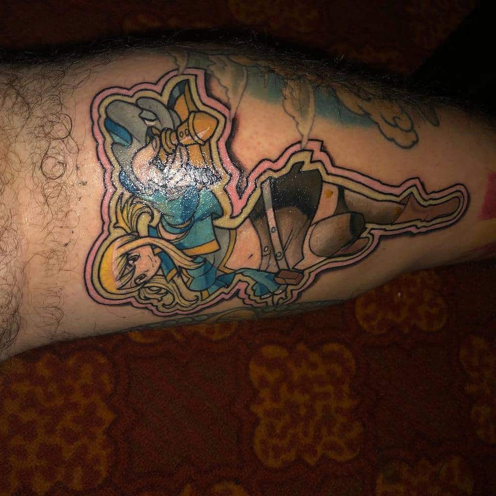 Colorful tattoo of Lucy Heartfilia from Fairy Tail on the leg, featuring bold outlines, dynamic shading, and celestial-themed elements.