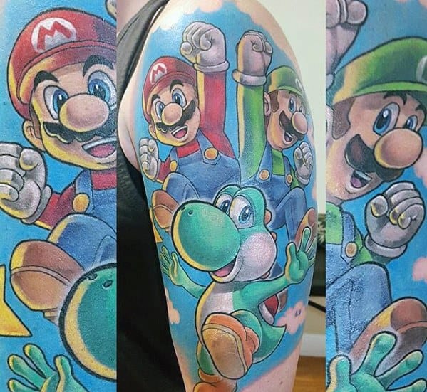 Vibrant full-sleeve tattoo of Mario, Luigi, and Yoshi in an action-packed scene with bright colors and dynamic poses against a blue sky.