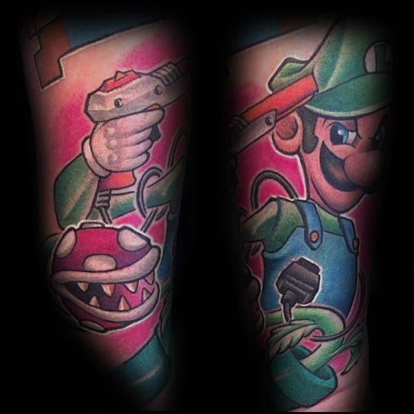Bold tattoo of Luigi wielding a zapper gun with a fierce expression, featuring a Piranha Plant and a vibrant red background for a dynamic look.