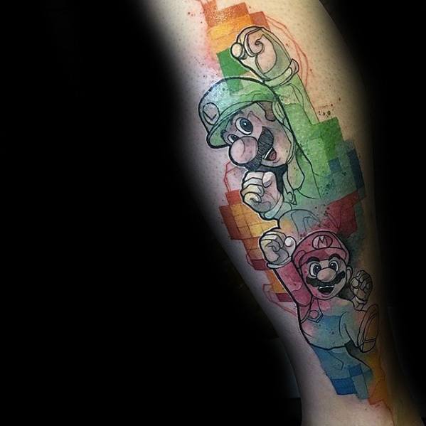 Artistic tattoo of Luigi and Mario in a sketch-style design, featuring colorful geometric pixelated backgrounds blending into their figures.