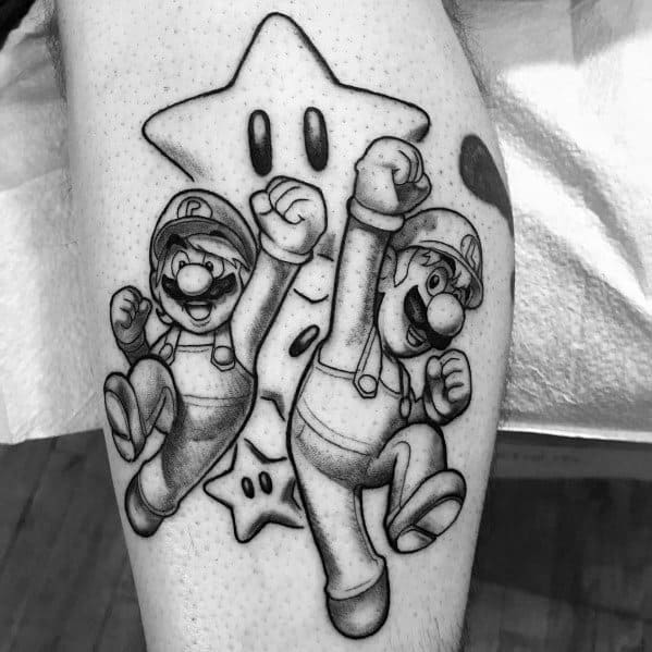 Black and grey tattoo of Mario and Luigi jumping with excitement in front of a Super Star, featuring bold outlines and detailed shading.