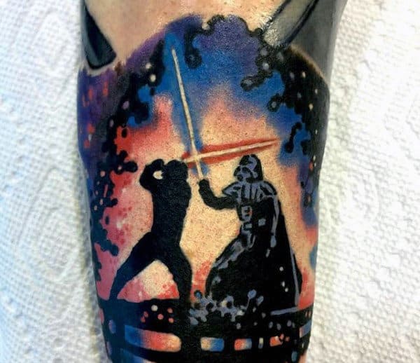 Luke Skywalker Battling Darth Vader With Lightsaber Mens Arm Tattoo