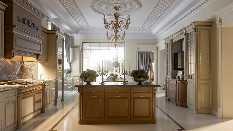 Luxurious kitchen with ornate chandelier gracing the ceiling, wooden island, elegant cabinetry, and large windows