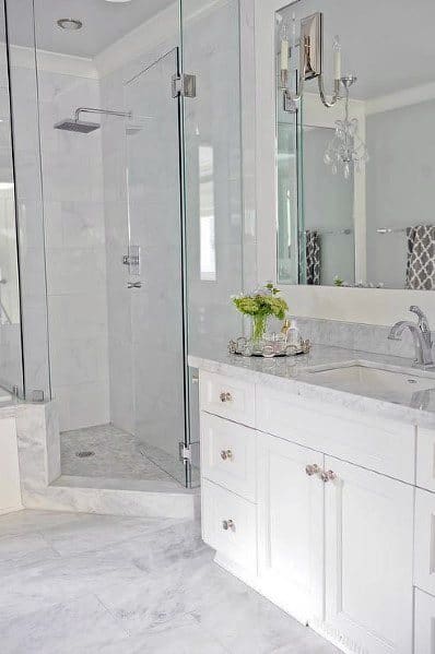 Elegant bathroom with a corner glass shower, white cabinets, marble countertop, and a potted plant by the sink