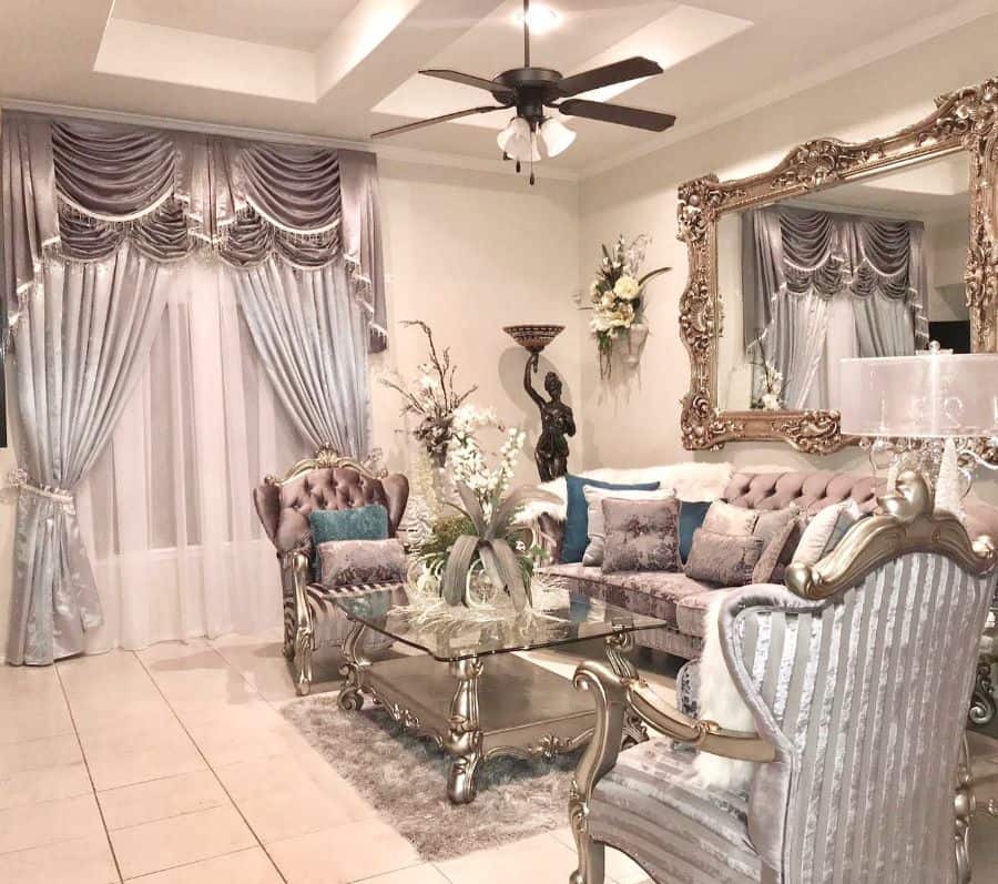 elegant renaissance style living room thick curtains wall mirror 