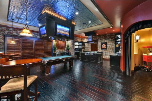 luxury home basement hardwood floors billiard table wet bar