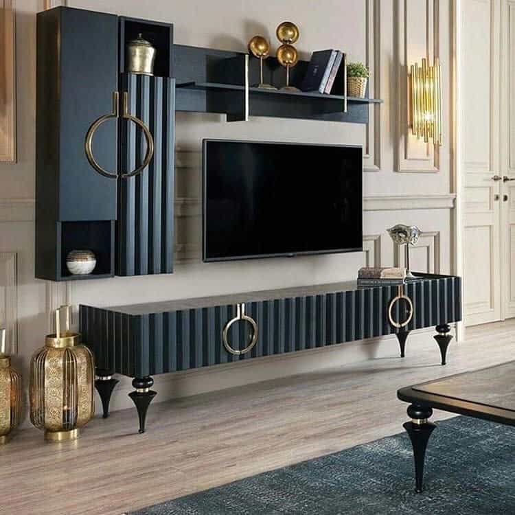 luxury black modern cabinet gold accents wall mounted tv