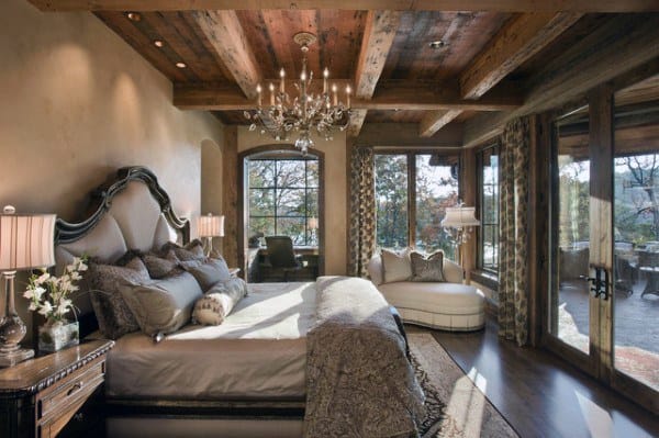 luxury elegant rustic bedroom with chandelier